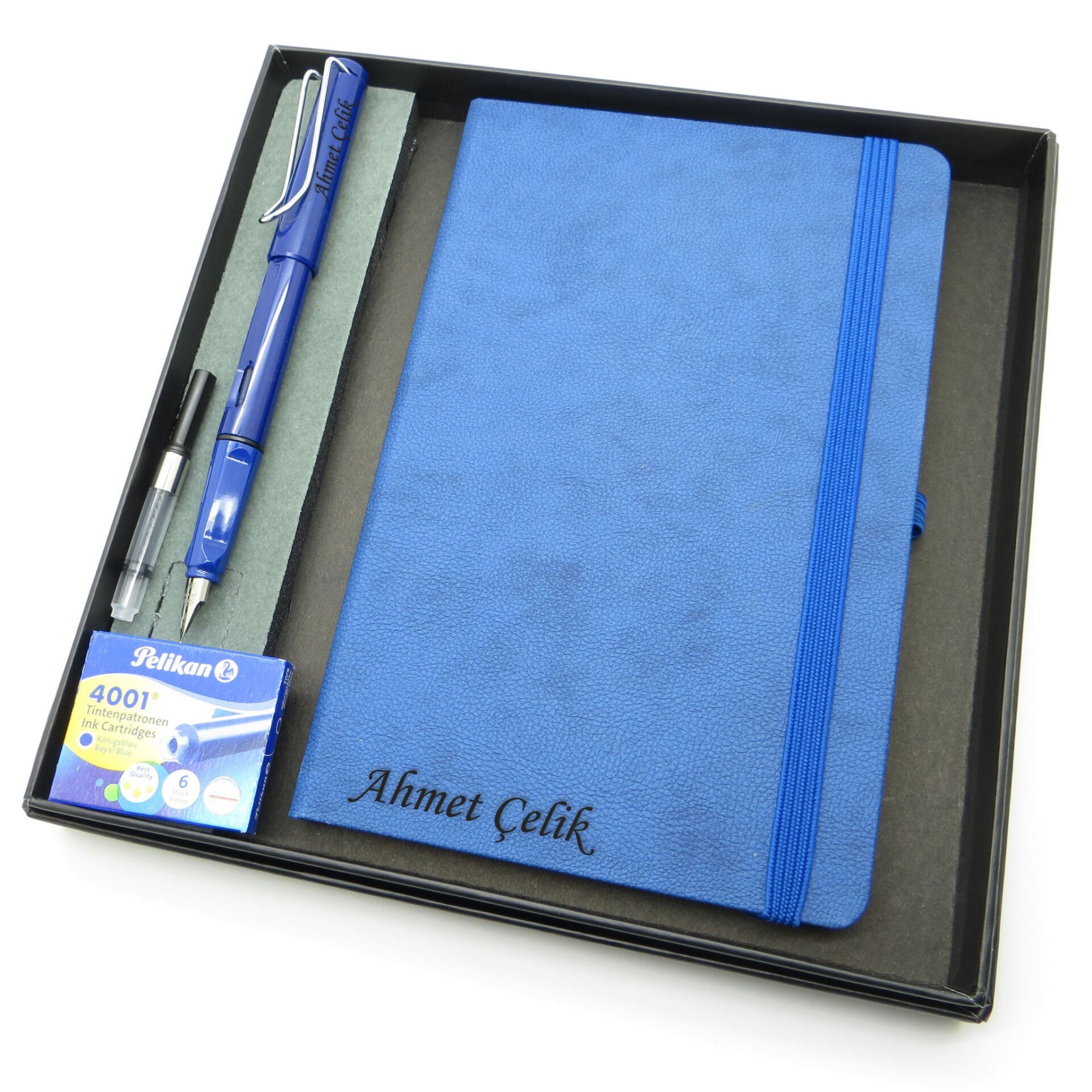 Signator® Codex | N301 Kişiye Özel Defterli Set - İsme Özel Mavi Dolma Kalem + İsme Özel Mavi Defter + Yedek Kartuş| İsme Özel Kutusunda Hediyelik Set