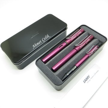 Lamy Al Star Siyah Mor Dolma Kalem + Roller Kalem + Tükenmez Kalem + Metal Kutu | Lamy Kalem | Hepsi İsme Özel