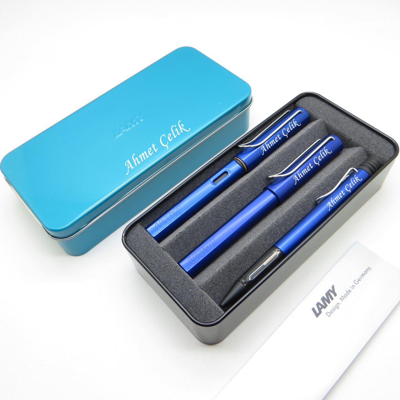 Lamy Al Star Metalik Mavi Dolma Kalem + Roller Kalem + Tükenmez Kalem + Metal Kutu | Lamy Kalem | Hepsi İsme Özel