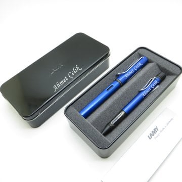 Lamy Al Star Metalik Mavi Dolma Kalem + Tükenmez Kalem Seti + Metal Kutu | Lamy Kalem | Hepsi İsme Özel