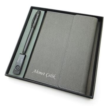Signator® Codex | N329 Kişiye Özel Defterli Set - İsme Özel Siyah Kalem + İsme Özel Gri Defter + İsme Özel 32 Gb Usb Bellek | İsme Özel Kutusunda Hediyelik Set