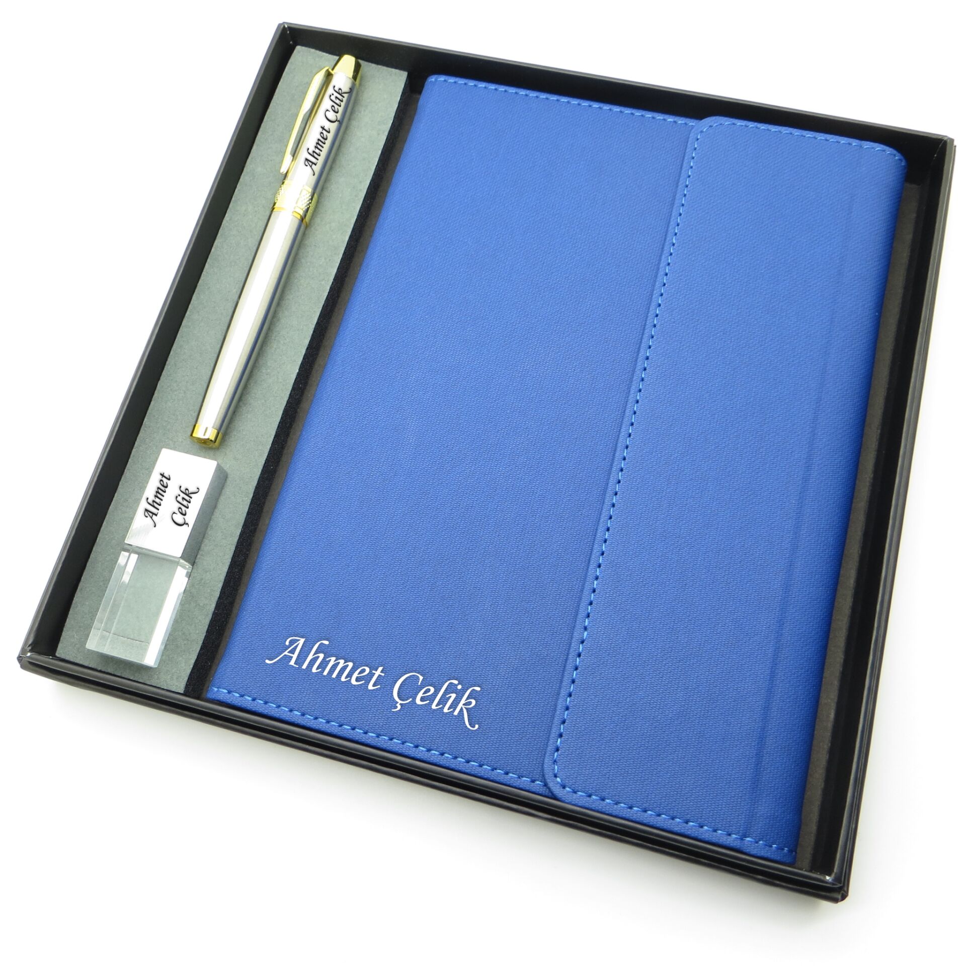 Signator® Codex | N331 Kişiye Özel Defterli Set - İsme Özel Gümüş Kalem + İsme Özel Mavi Defter + İsme Özel 32 GB Usb Bellek | İsme Özel Kutusunda Hediyelik Set