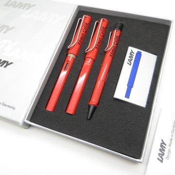 Lamy Safari Kırmızı Dolma Kalem + Roller Kalem + Tükenmez Kalem Set | Lamy Kalem | Hepsi İsme Özel