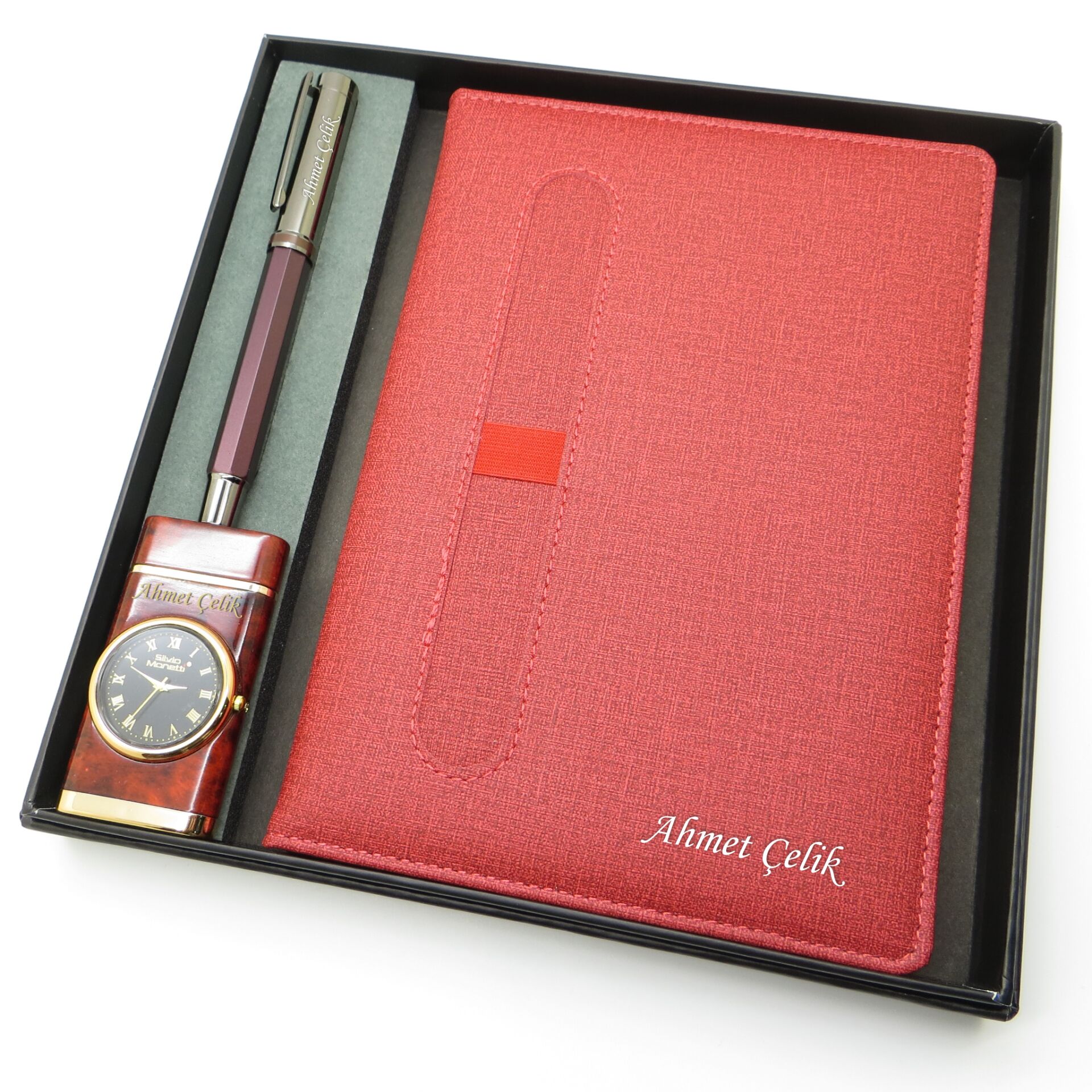 Signator® Codex | N346 Kişiye Özel Defterli Set - İsme Özel Mürdüm Kalem + İsme Özel Kırmızı Defter + İsme Özel Çakmak | İsme Özel Kutusunda Hediyelik Set