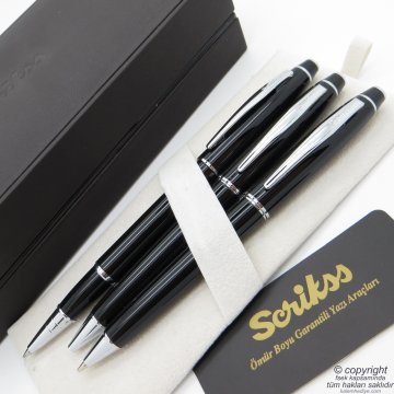 Scrikss 35 3'lü Set Siyah Ahşap Deri Kutulu | Roller Kalem + Tükenmez Kalem + Versatil Kalem Seti | Scrikss Noble | İsme Özel Kalem | Hediyelik Kalem