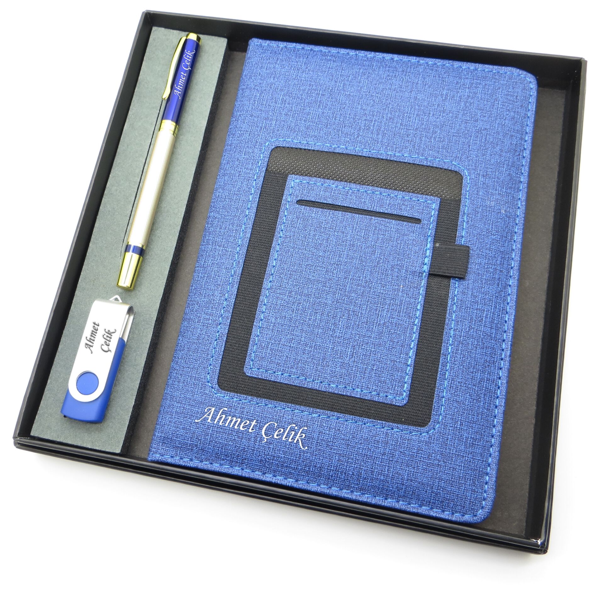 Signator® Codex | N349 Kişiye Özel Defterli Set - İsme Özel Mavi/Gold Kalem + İsme Özel Mavi Defter + İsme Özel 32 GB Usb Bellek | İsme Özel Kutusunda Hediyelik Set
