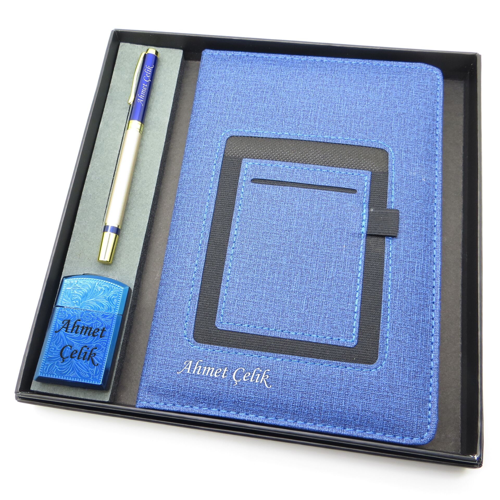 Signator® Codex | N350 Kişiye Özel Defterli Set - İsme Özel Mavi/Gold Kalem + İsme Özel Mavi Defter + İsme Özel Mavi Çakmak | İsme Özel Kutusunda Hediyelik Set