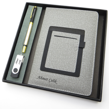 Signator® Codex | N351 Kişiye Özel Defterli Set - İsme Özel Siyah/Gold Kalem + İsme Özel Gri Defter + İsme Özel 32 GB Usb Bellek | İsme Özel Kutusunda Hediyelik Set
