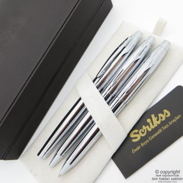 Scrikss 35 3'lü Set Parlak Krom Ahşap Deri Kutulu | Roller Kalem + Tükenmez Kalem + Versatil Kalem Seti | Scrikss Noble | İsme Özel Kalem | Hediyelik Kalem