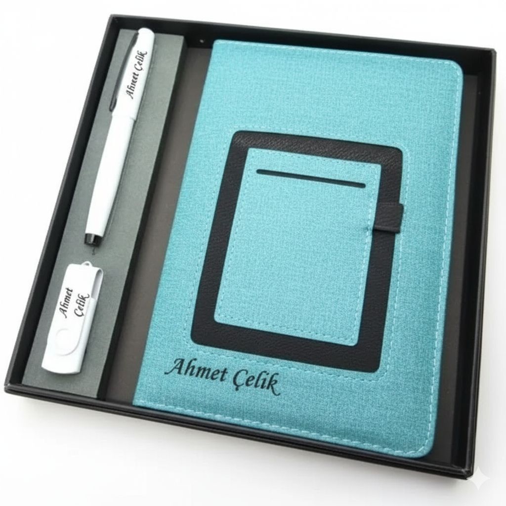 Signator® Codex | N353 Kişiye Özel Defterli Set - İsme Özel Beyaz Kalem + İsme Özel Turkuaz Defter + İsme Özel 32 GB Usb Bellek | İsme Özel Kutusunda Hediyelik Set