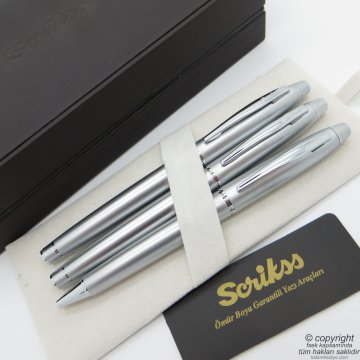 Scrikss 35 3'lü Set Mat Krom Ahşap Deri Kutulu | Dolma Kalem + Roller Kalem + Tükenmez Kalem Seti | Scrikss Noble | İsme Özel Kalem | Hediyelik Kalem