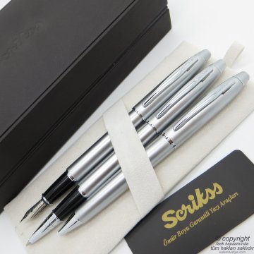 Scrikss 35 3'lü Set Mat Krom Ahşap Deri Kutulu | Dolma Kalem + Roller Kalem + Tükenmez Kalem Seti | Scrikss Noble | İsme Özel Kalem | Hediyelik Kalem