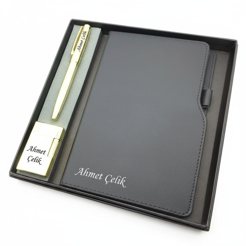 Signator® Codex | N354 Kişiye Özel Defterli Set - İsme Özel Gold Kalem + İsme Özel Siyah Defter + İsme Özel Gold Çakmak | İsme Özel Kutusunda Hediyelik Set