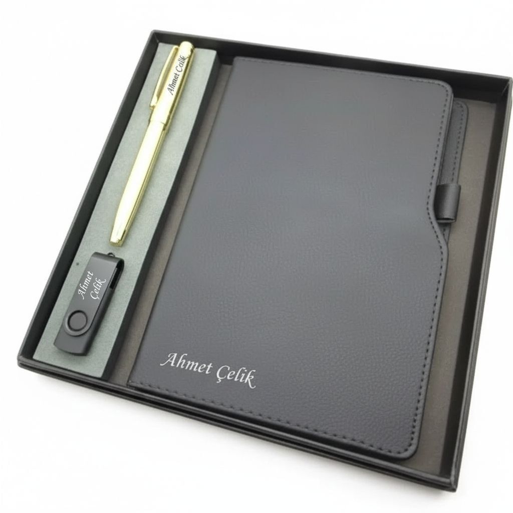 Signator® Codex | N355 Kişiye Özel Defterli Set - İsme Özel Gold Kalem + İsme Özel Siyah Defter + İsme Özel 32 GB Usb Bellek | İsme Özel Kutusunda Hediyelik Set