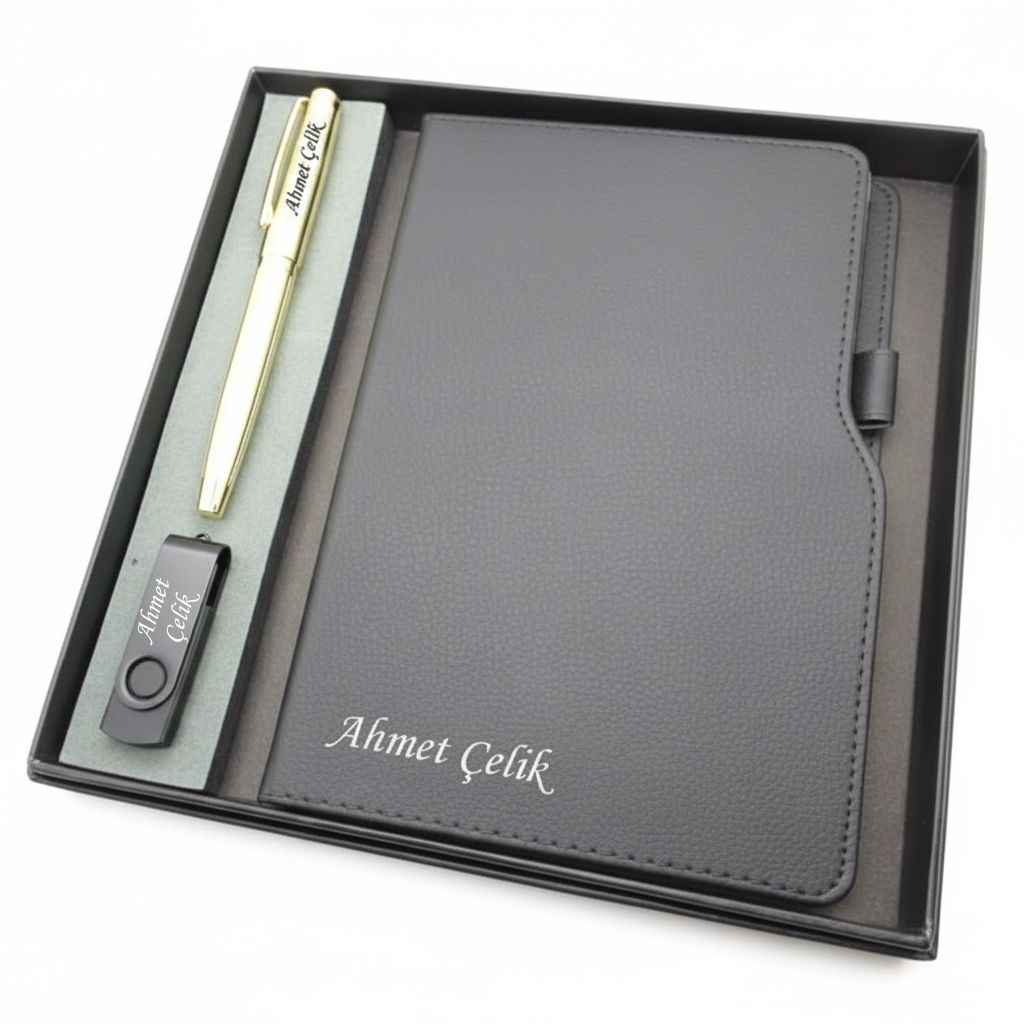 Signator® Codex | N356 Kişiye Özel Defterli Set - İsme Özel Gold Kalem + İsme Özel Siyah Defter + İsme Özel 32 GB Usb Bellek | İsme Özel Kutusunda Hediyelik Set