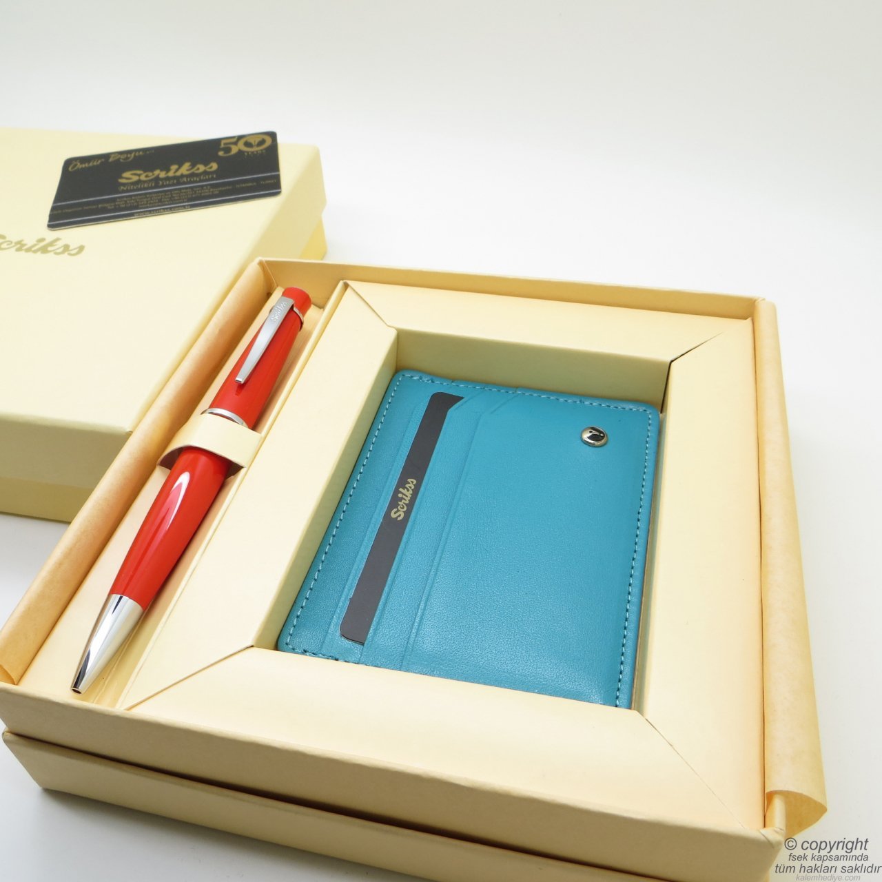 Scrikss İsme Özel Hediye Seti Turkuaz Kredi Kartlık + Kırmızı Kalem - MD-1240 | Kredi Kartlık + Kalem | Scrikss Kalem | İsme Özel Kalem | Hediyelik Set