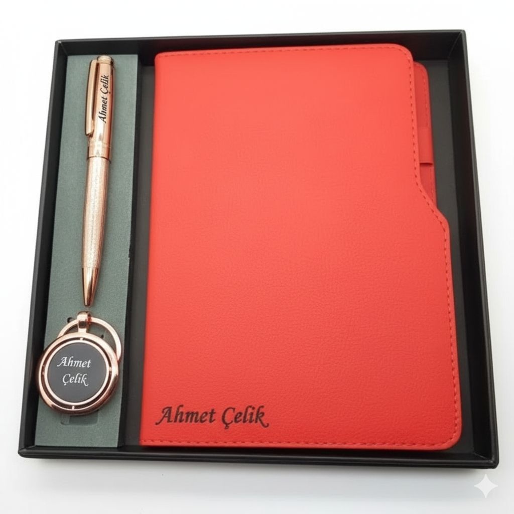 Signator® Codex | N359 Kişiye Özel Defterli Set - İsme Özel Rose Gold Kalem + İsme Özel Kırmızı Defter + İsme Özel Anahtarlık | İsme Özel Kutusunda Hediyelik Set