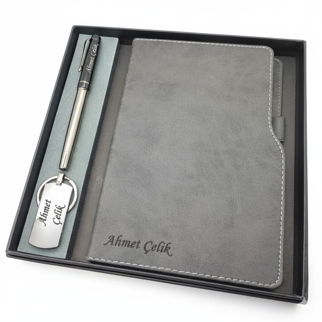 Signator® Codex | N360 Kişiye Özel Defterli Set - İsme Özel Gümüş/Siyah Kalem + İsme Özel Gri Defter + İsme Özel Anahtarlık | İsme Özel Kutusunda Hediyelik Set