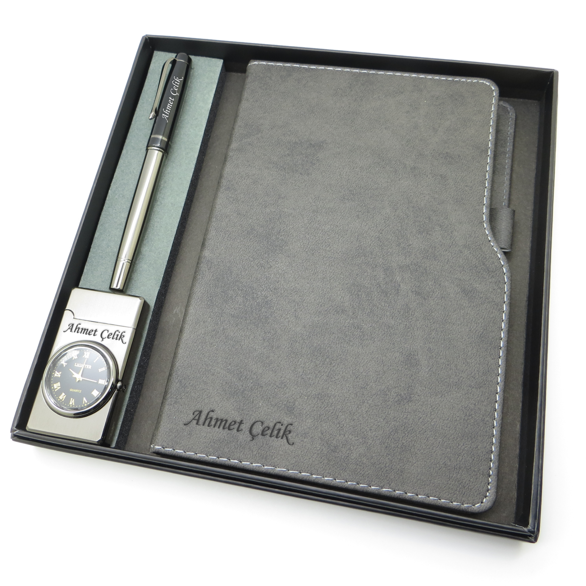 Signator® Codex | N361 Kişiye Özel Defterli Set - İsme Özel Gümüş/Siyah Kalem + İsme Özel Gri Defter + İsme Özel Çakmak | İsme Özel Kutusunda Hediyelik Set
