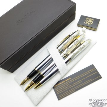 Scrikss 35 3'lü Set Gold Krom Deri Ahşap Kutulu | Dolma Kalem + Roller Kalem + Tükenmez Kalem Set | Scrikss Noble | İsme Özel Kalem | Hediyelik Kalem