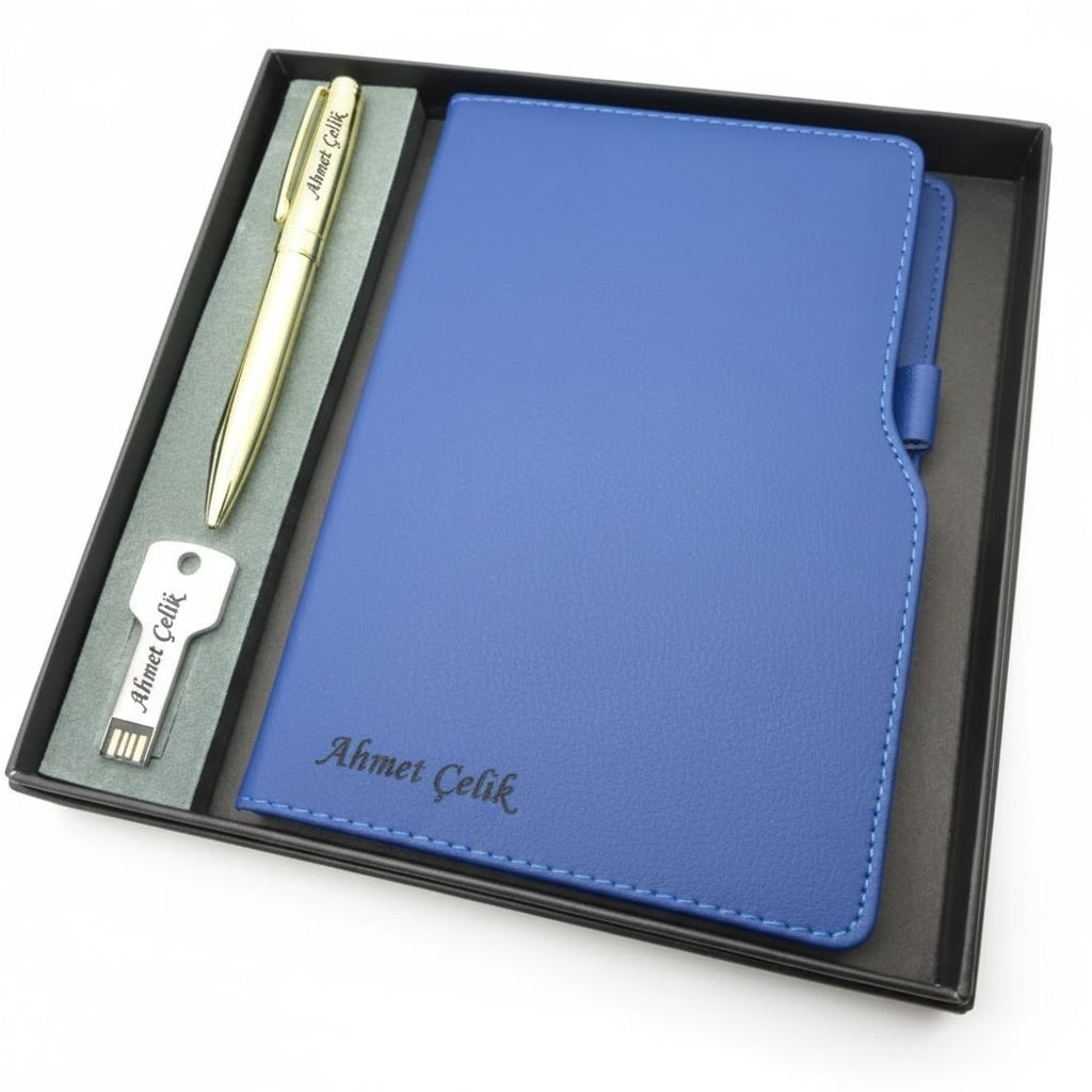 Signator® Codex | N363 Kişiye Özel Defterli Set - İsme Özel Gold Kalem + İsme Özel Mavi Defter + İsme Özel 32 GB Usb Bellek | İsme Özel Kutusunda Hediyelik Set