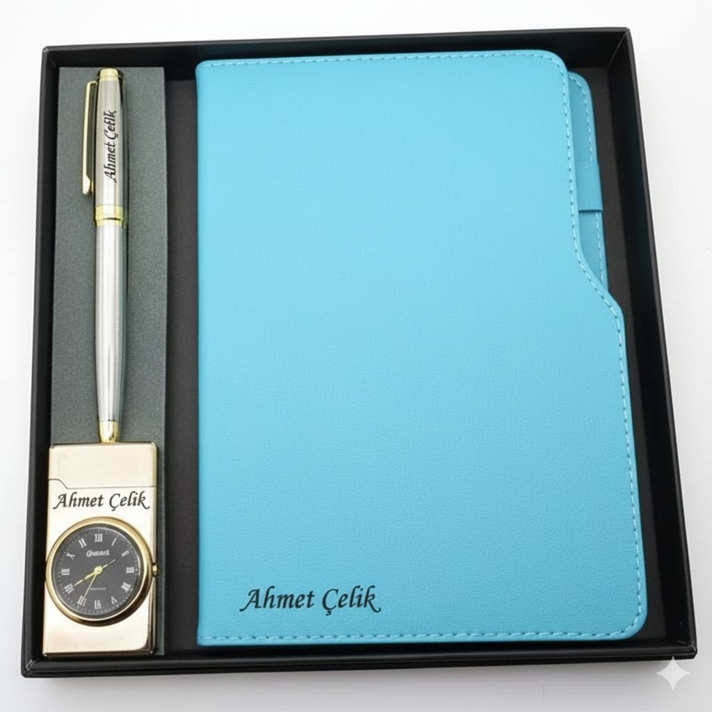 Signator® Codex | N364 Kişiye Özel Defterli Set - İsme Özel Gümüş Kalem + İsme Özel Turkuaz Defter + İsme Özel Gold Çakmak | İsme Özel Kutusunda Hediyelik Set