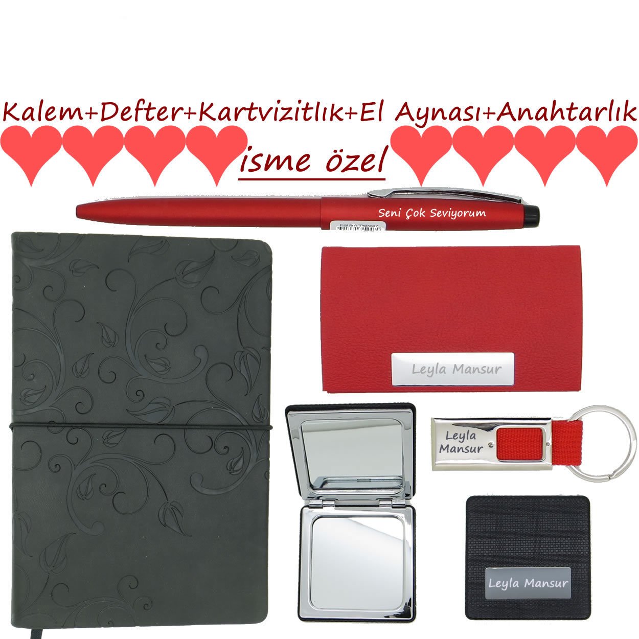 Scrikss Kalem+Defter+Kartvizitlik+Anahtarlık+El Aynası| Babalar Günü Hediyesi Özel 5'li Multi Set-İsme Özel