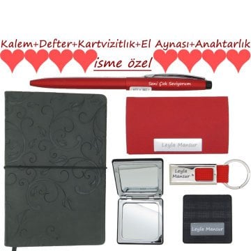 Scrikss Kalem+Defter+Kartvizitlik+Anahtarlık+El Aynası| Babalar Günü Hediyesi Özel 5'li Multi Set-İsme Özel