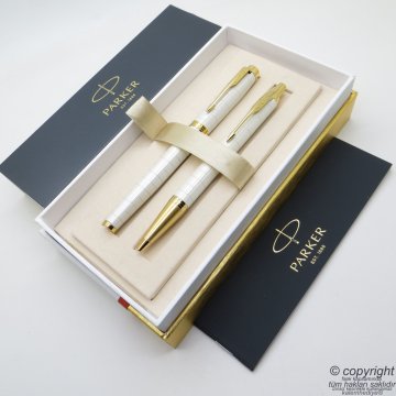 Parker IM Premium Beyaz Altın Roller Kalem + Tükenmez Kalem Set | İsme Özel Kalem | Hediyelik Kalem