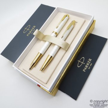 Parker IM Premium Beyaz Altın Roller Kalem + Tükenmez Kalem Set | İsme Özel Kalem | Hediyelik Kalem