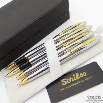 Scrikss 35 4'lü Set Gold Krom Deri Ahşap Kutulu | Dolma Kalem + Roller Kalem + Tükenmez Kalem +Versatil Kalem Seti | Scrikss Noble | İsme Özel Kalem | Hediyelik Kalem