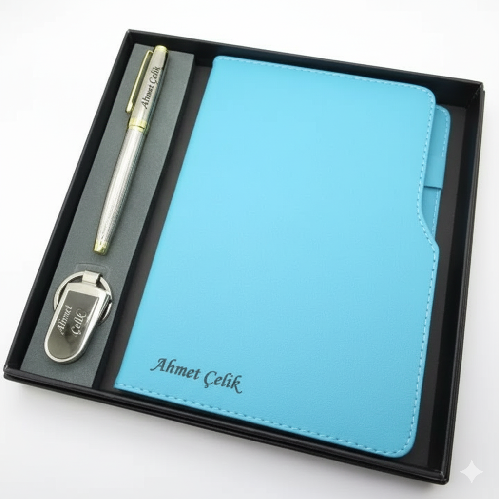 Signator® Codex | N365 Kişiye Özel Defterli Set - İsme Özel Gümüş Kalem + İsme Özel Turkuaz Defter + İsme Özel Anahtarlık | İsme Özel Kutusunda Hediyelik Set