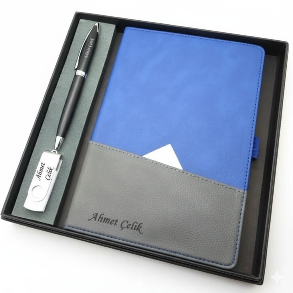 Signator® Codex | N366 Kişiye Özel Defterli Set - İsme Özel Siyah Kalem + İsme Özel Mavi Defter + İsme Özel 32 GB Usb Bellek | İsme Özel Kutusunda Hediyelik Set