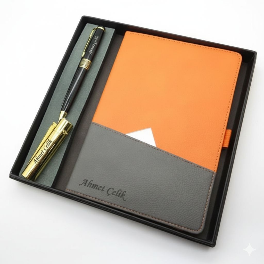 Signator® Codex | N367 Kişiye Özel Defterli Set - İsme Özel Siyah Kalem + İsme Özel Turuncu Defter + İsme Özel Gold Çakmak| İsme Özel Kutusunda Hediyelik Set