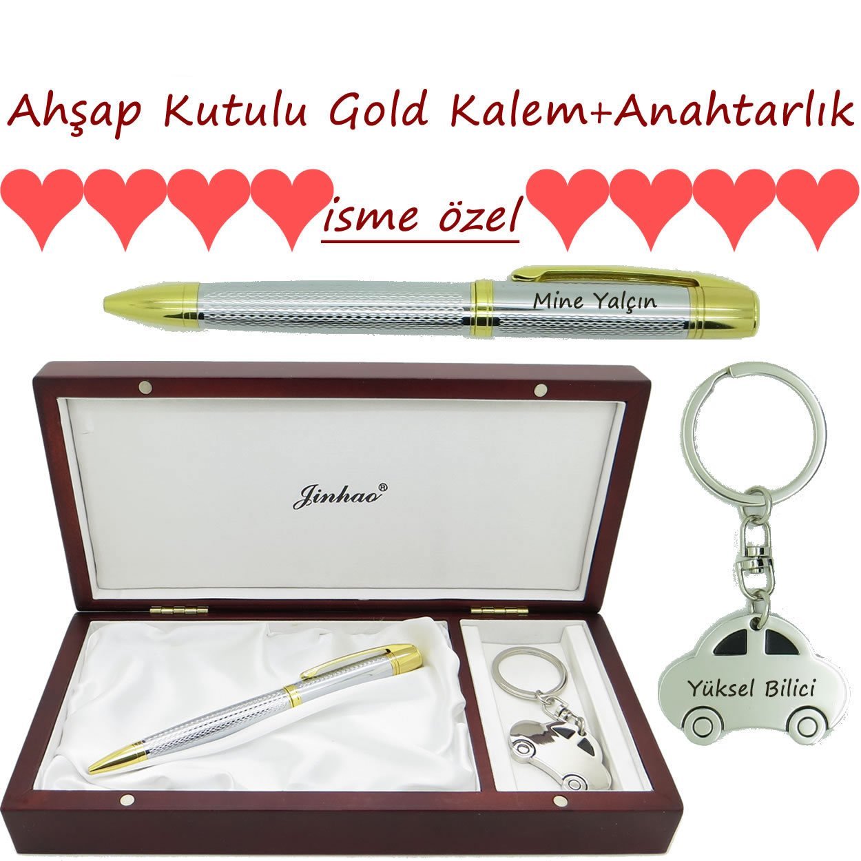 Büyük Ahşap Kutulu Gold Kalem + Araba Anahtarlık | Babalar Günü Özel Set-İsme Özel