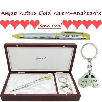Büyük Ahşap Kutulu Gold Kalem + Araba Anahtarlık | Babalar Günü Özel Set-İsme Özel