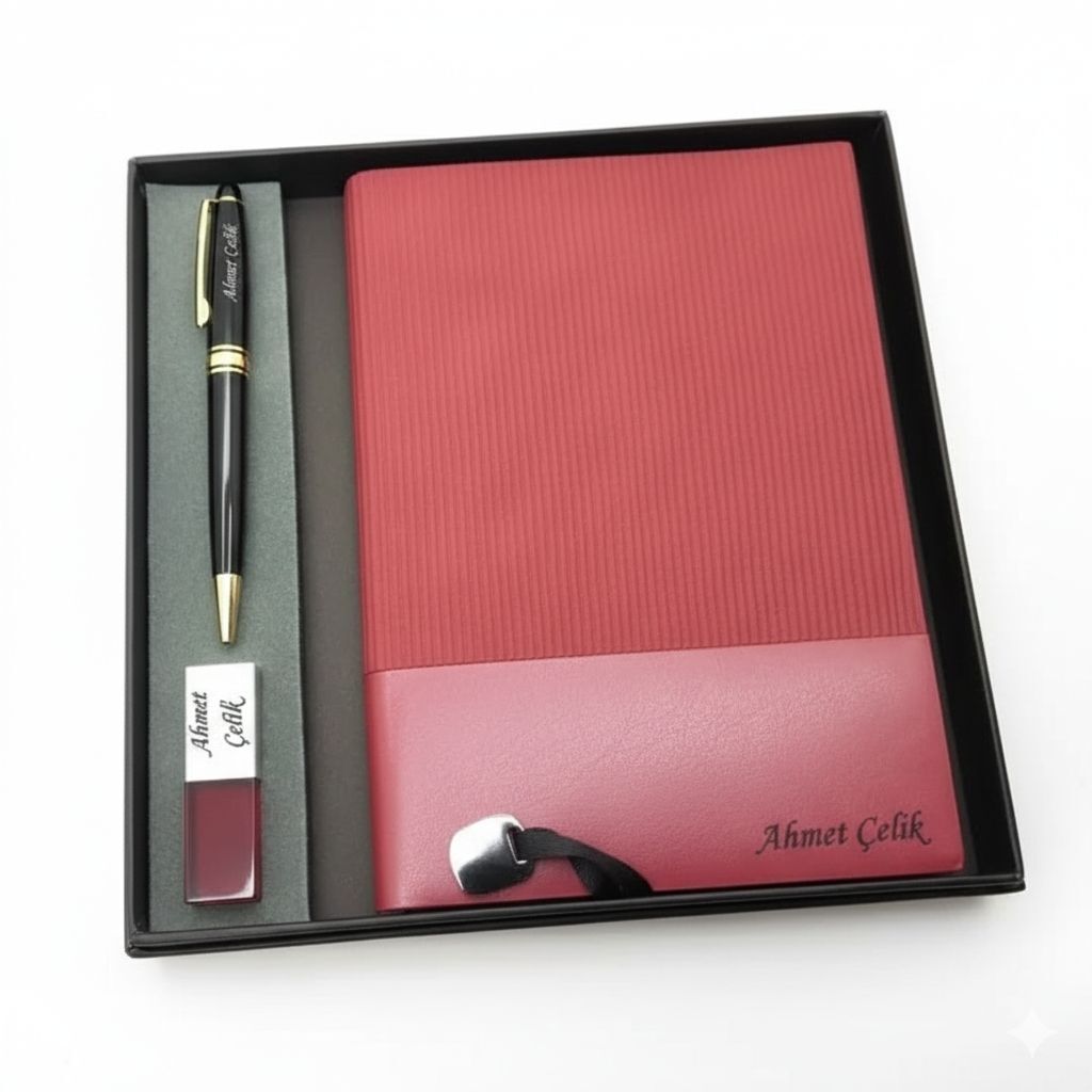Signator® Codex | N370 Kişiye Özel Defterli Set - İsme Özel Siyah Kalem + İsme Özel Kırmızı Defter + İsme Özel 32 GB Usb Bellek | İsme Özel Kutusunda Hediyelik Set