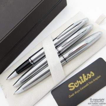 Scrikss 88 3'lü Set Krom Ahşap Deri Kutulu | Roller Kalem + Tükenmez Kalem + Versatil Kalem Seti | Scrikss Knight | İsme Özel Kalem | Hediyelik Kalem