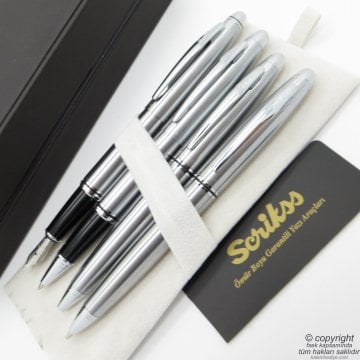 Scrikss 88 4'lü Set Krom Deri Ahşap Kutulu | Dolma Kalem + Roller Kalem + Tükenmez Kalem + Versatil Kalem Seti | Scrikss Knight | İsme Özel Kalem | Hediyelik Kalem