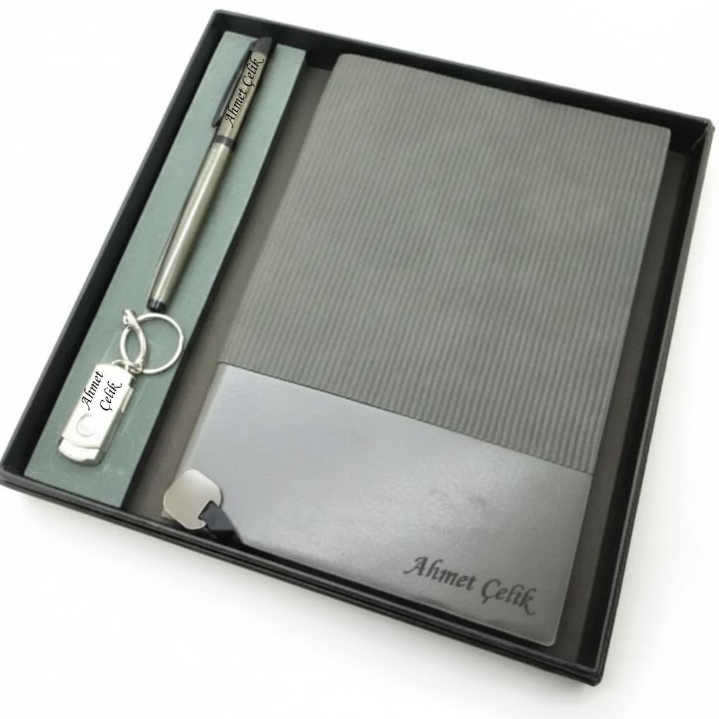 Signator® Codex | N374 Kişiye Özel Defterli Set - İsme Özel Gri Kalem + İsme Özel Gri Defter + İsme Özel 32 GB Usb Bellek | İsme Özel Kutusunda Hediyelik Set
