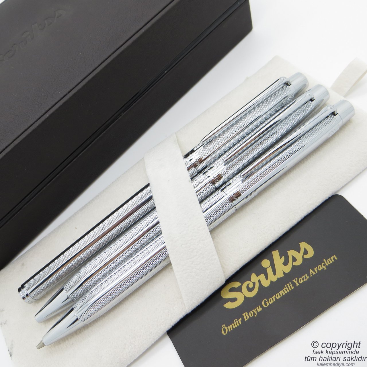 Scrikss 722W 3'lü Set Krom | Roller Kalem + Tükenmez Kalem + Versatil Kalem Seti | Scrikss Venüs | İsme Özel Kalem | Hediyelik Kalem