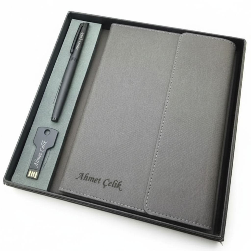 Signator® Codex | N376 Kişiye Özel Defterli Set - İsme Özel Siyah Kalem + İsme Özel Gri Defter + İsme Özel 32 GB Usb Bellek | İsme Özel Kutusunda Hediyelik Set