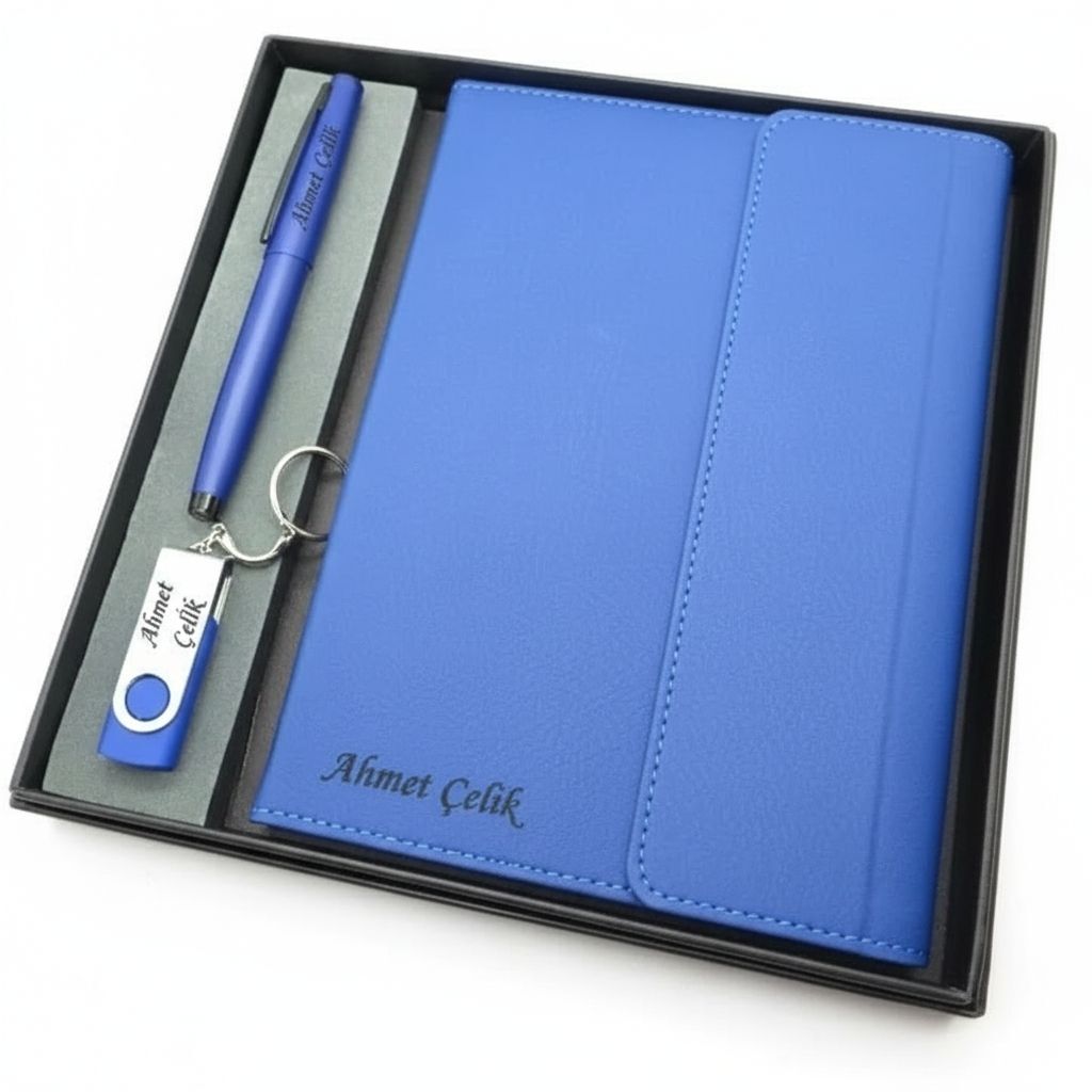 Signator® Codex | N377 Kişiye Özel Defterli Set - İsme Özel Mavi Kalem + İsme Özel Mavi Defter + İsme Özel 32 GB Usb Bellek | İsme Özel Kutusunda Hediyelik Set