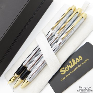 Scrikss 722W 3'lü Set Gold Krom | Dolma Kalem + Roller Kalem + Tükenmez Kalem Seti | Scrikss Venüs | İsme Özel Kalem | Hediyelik Kalem