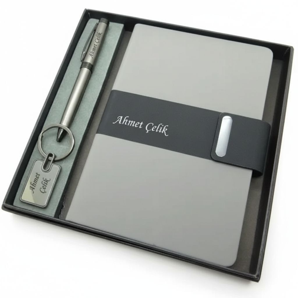 Signator® Codex | N378 Kişiye Özel Defterli Set - İsme Özel Gri Kalem + İsme Özel Gri Defter + İsme Özel Anahtarlık | İsme Özel Kutusunda Hediyelik Set