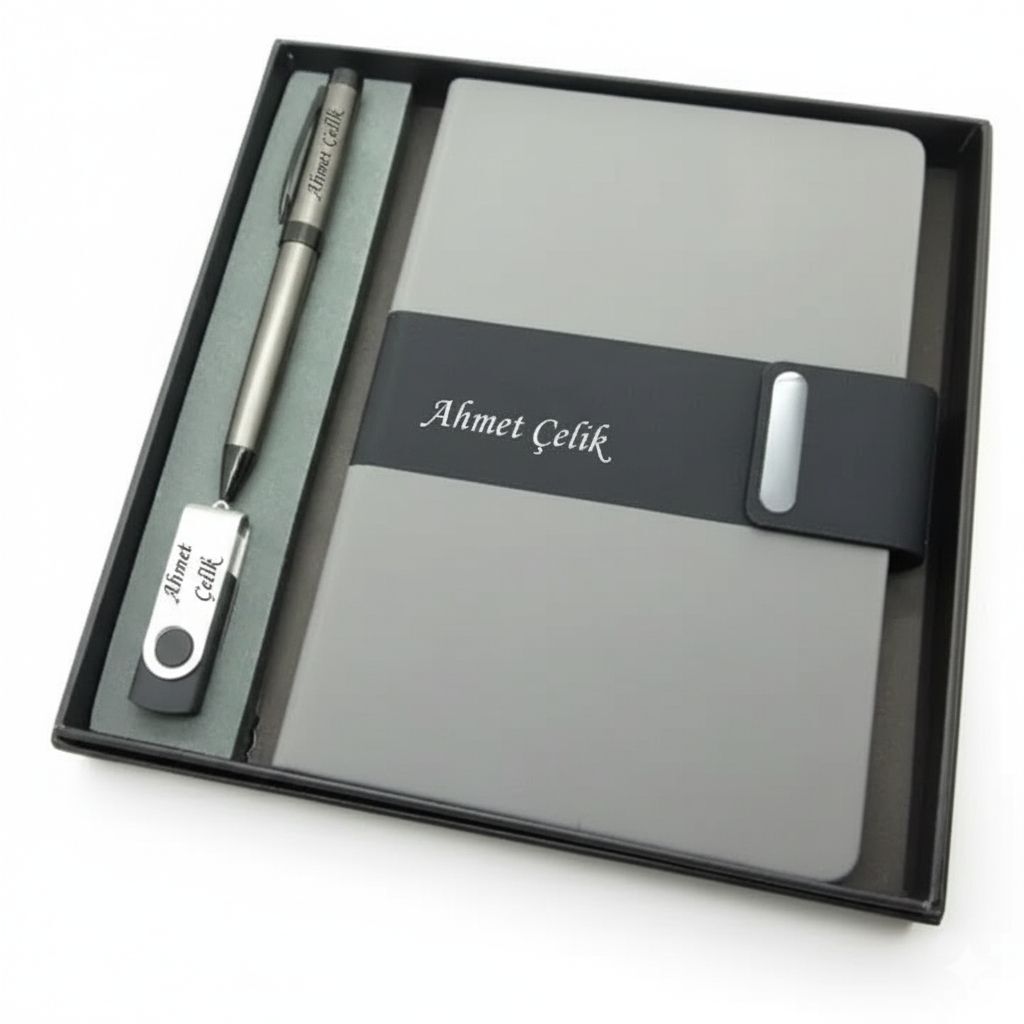 Signator® Codex | N379 Kişiye Özel Defterli Set - İsme Özel Gri Kalem + İsme Özel Gri Defter + İsme Özel 32 GB Usb Bellek | İsme Özel Kutusunda Hediyelik Set