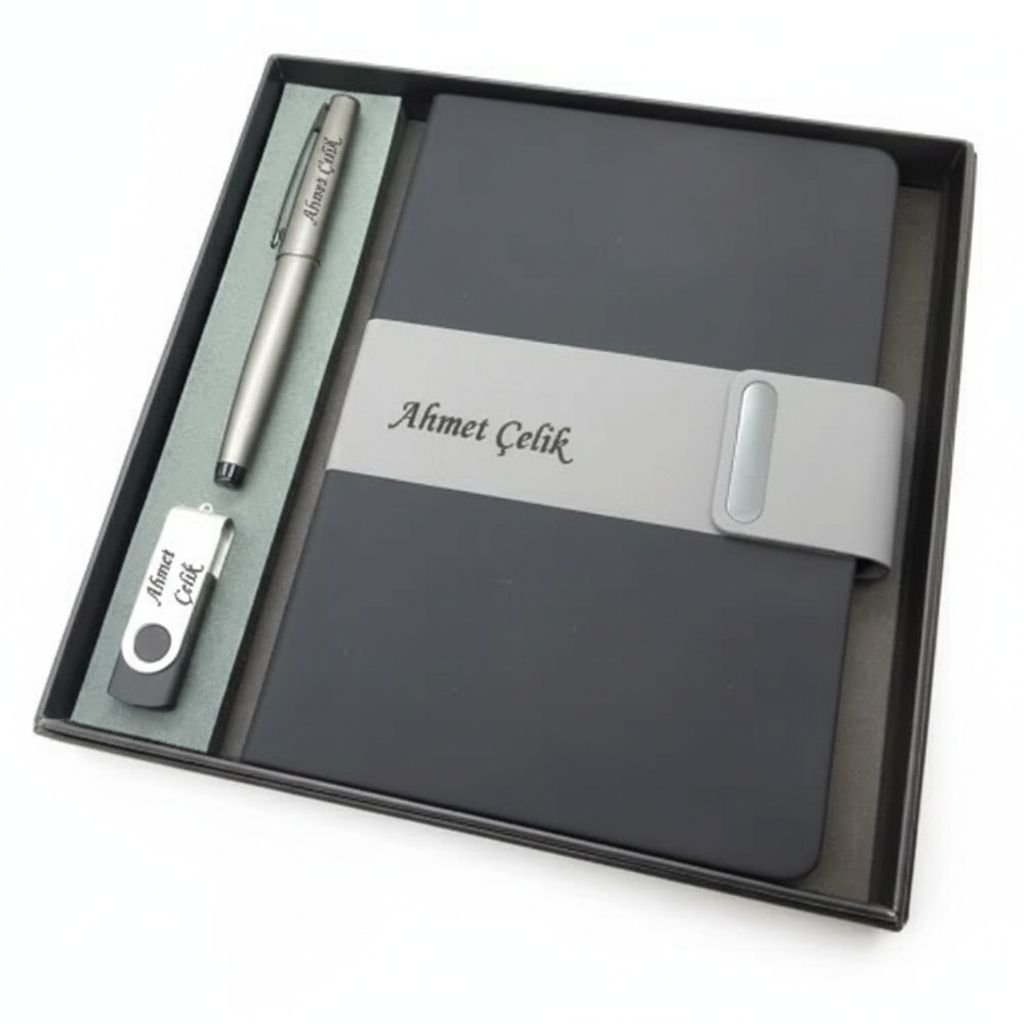 Signator® Codex | N381 Kişiye Özel Defterli Set - İsme Özel Gri Kalem + İsme Özel Siyah Defter+ İsme Özel 32 GB Usb Bellek | İsme Özel Kutusunda Hediyelik Set
