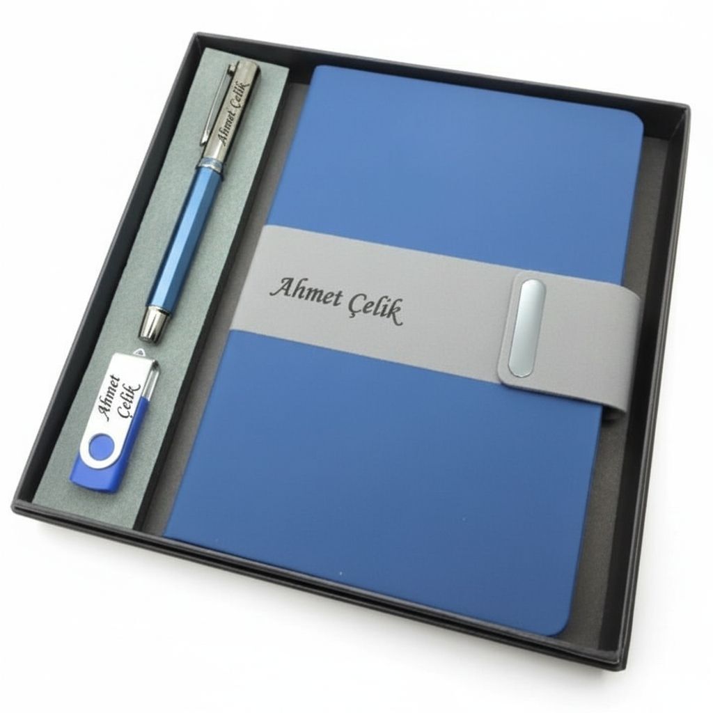 Signator® Codex | N382 Kişiye Özel Defterli Set - İsme Özel Mavi Kalem + İsme Özel Mavi Defter+ İsme Özel 32 GB Usb Bellek | İsme Özel Kutusunda Hediyelik Set