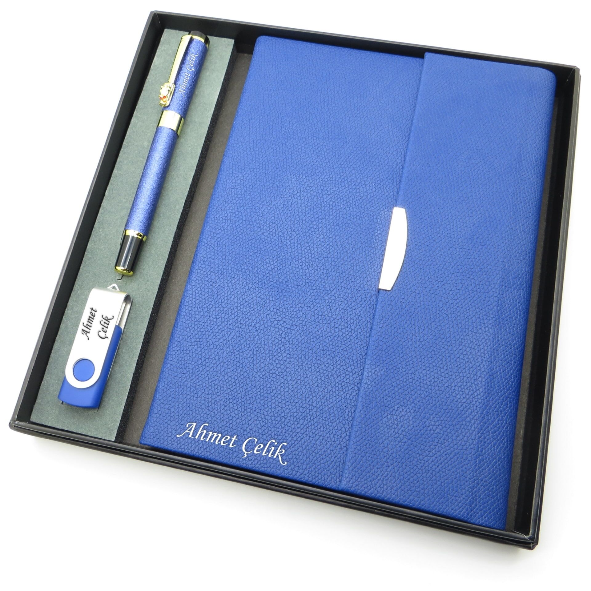Signator® Codex | N385 Kişiye Özel Defterli Set - İsme Özel Mavi Kalem + İsme Özel Mavi Defter+ İsme Özel 32 GB Usb Bellek | İsme Özel Kutusunda Hediyelik Set