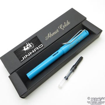 Jinhao Açık Mavi İsme Özel Pompalı Dolma Kalem | İsme Özel Kutu ve Kalem